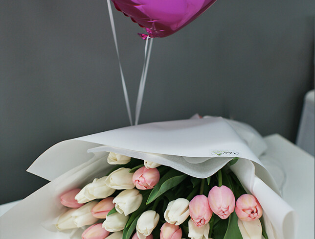 Bouquet of 35 White and Powder Pink Tulips and Foil Pink Heart-Shaped Balloons, Set of 3 photo